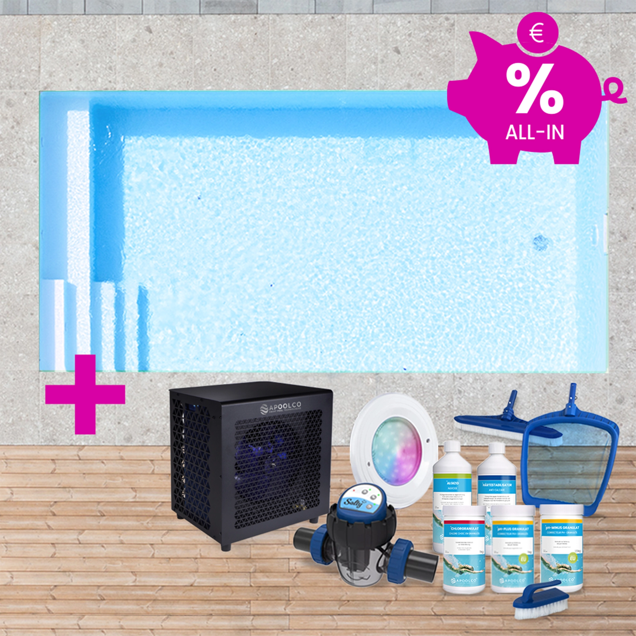 SPARSET: Styroporpool, 400 x 250 x 150 cm, Komplettset mit Treppe links und Sitzbank, Folie 0,90 mm, hellblau