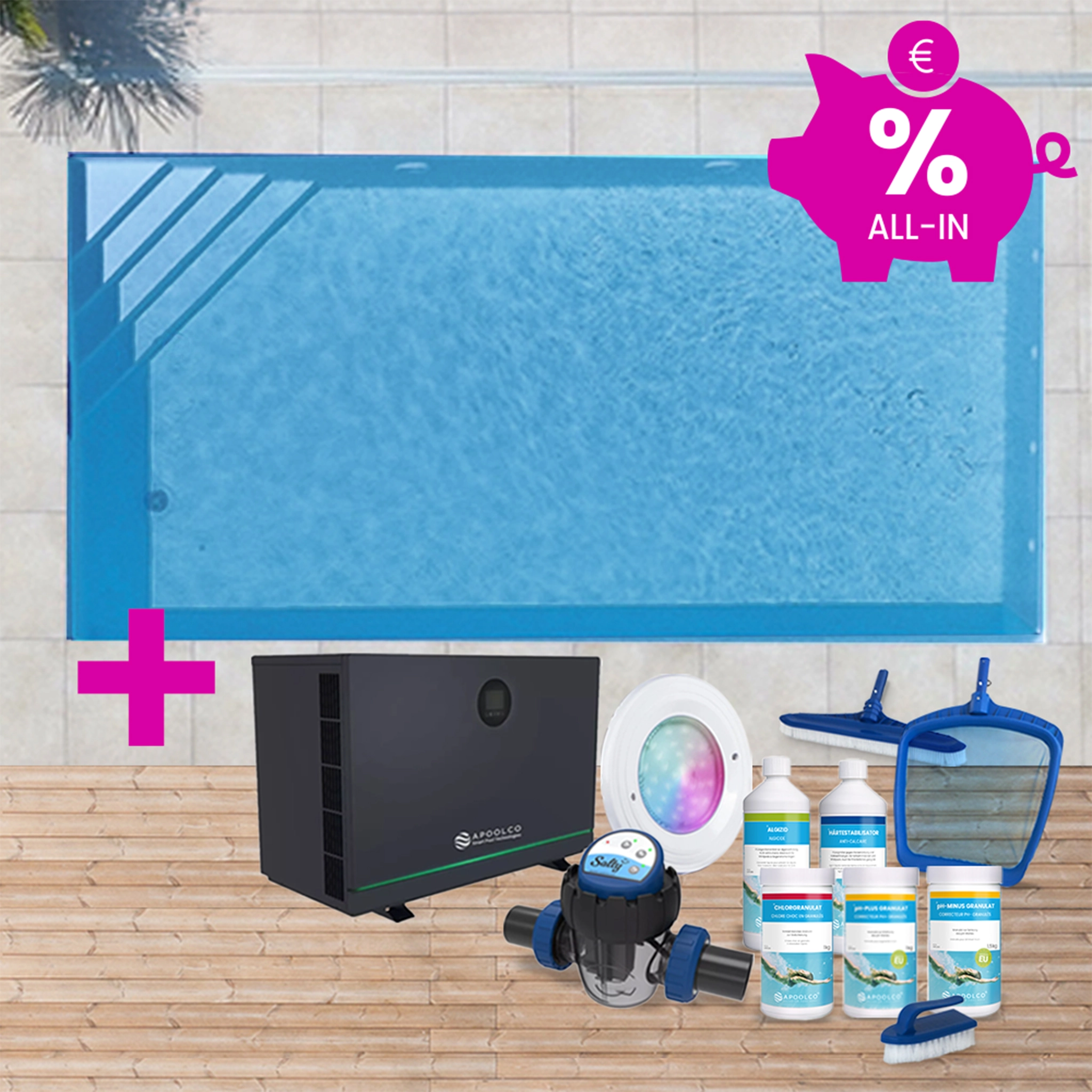 SPARSET: Styroporpool, 600 x 300 x 150 cm, Komplettset mit Ecktreppe rechts, Folie 0,90 mm, hellgrau
