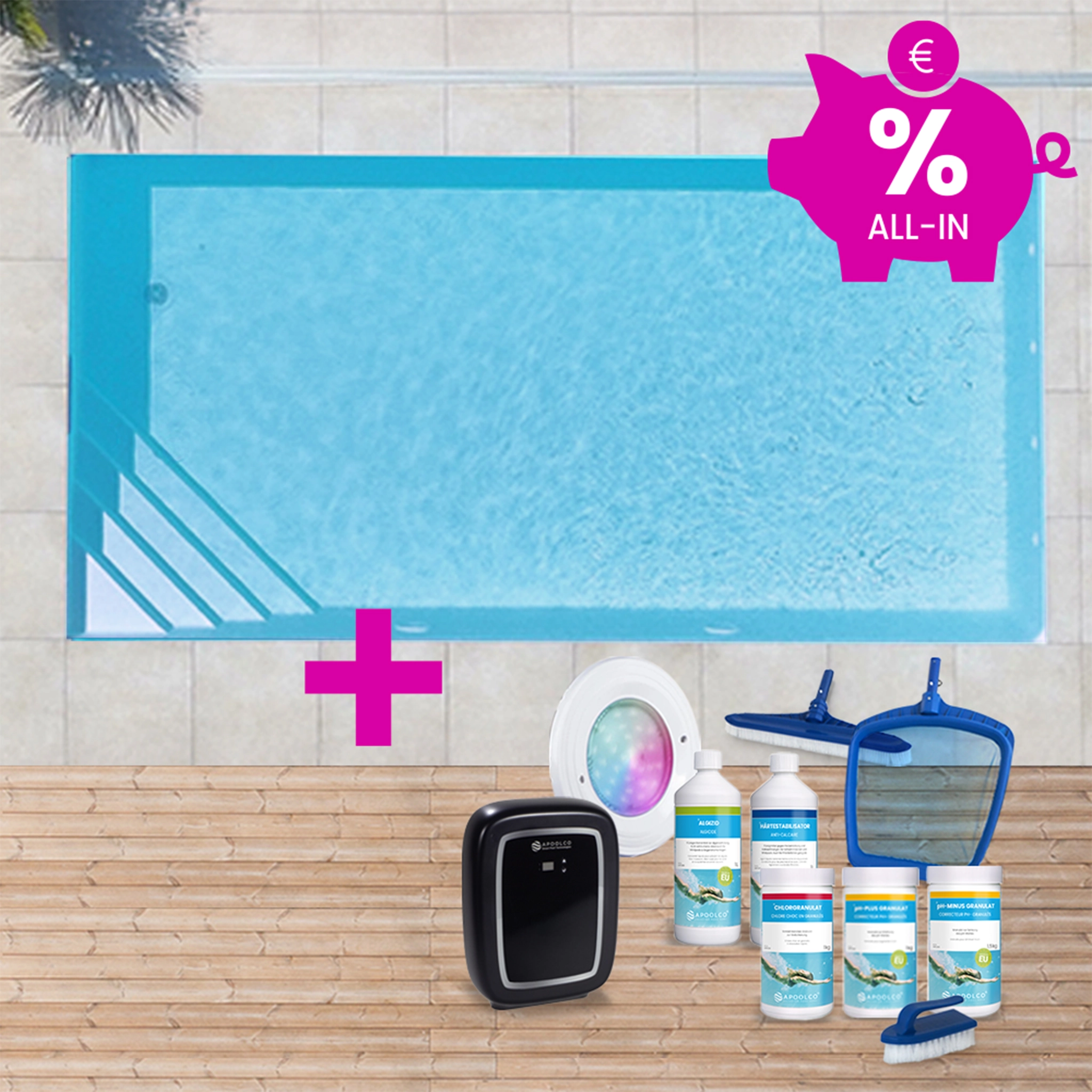 SPARSET: Styroporpool, 900 x 400 x 150 cm, Komplettset mit Ecktreppe links, Folie 0,90 mm, hellblau
