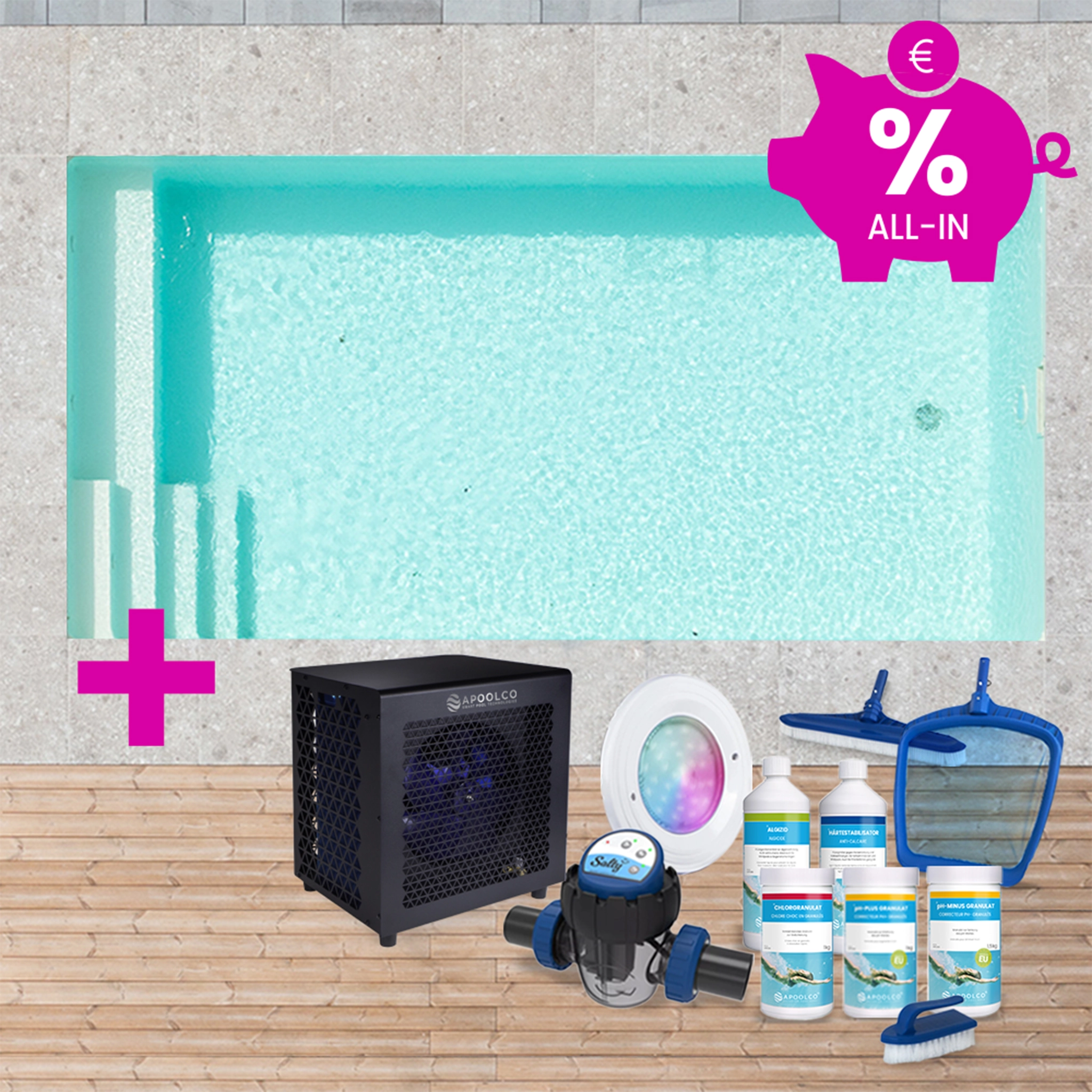SPARSET: Styroporpool, 400 x 200 x 150 cm, Komplettset mit Treppe links und Sitzbank, Folie 0,90 mm, sand