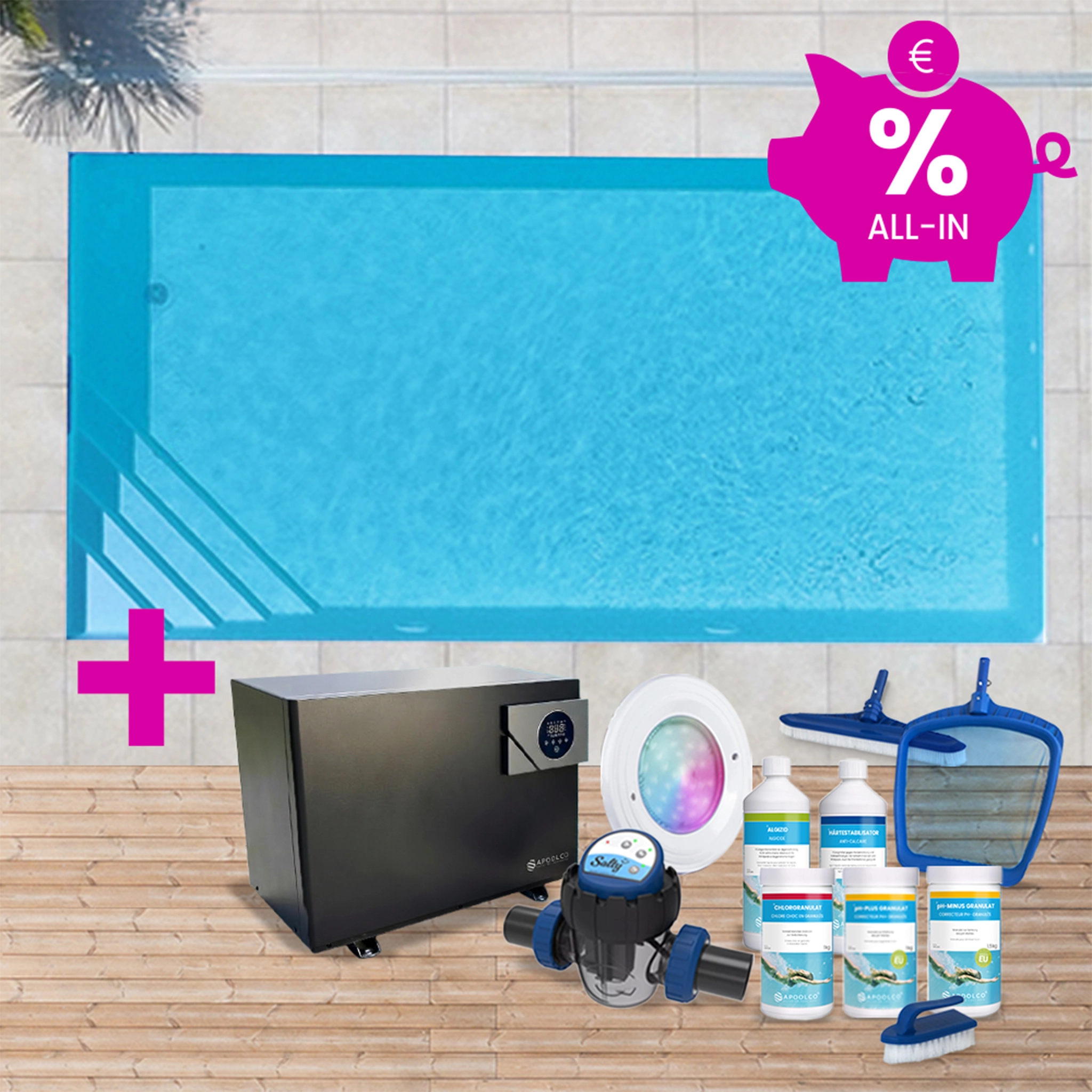 SPARSET: Styroporpool, 700 x 350 x 150 cm, Komplettset mit Ecktreppe links, Folie 0,90 mm, adriablau