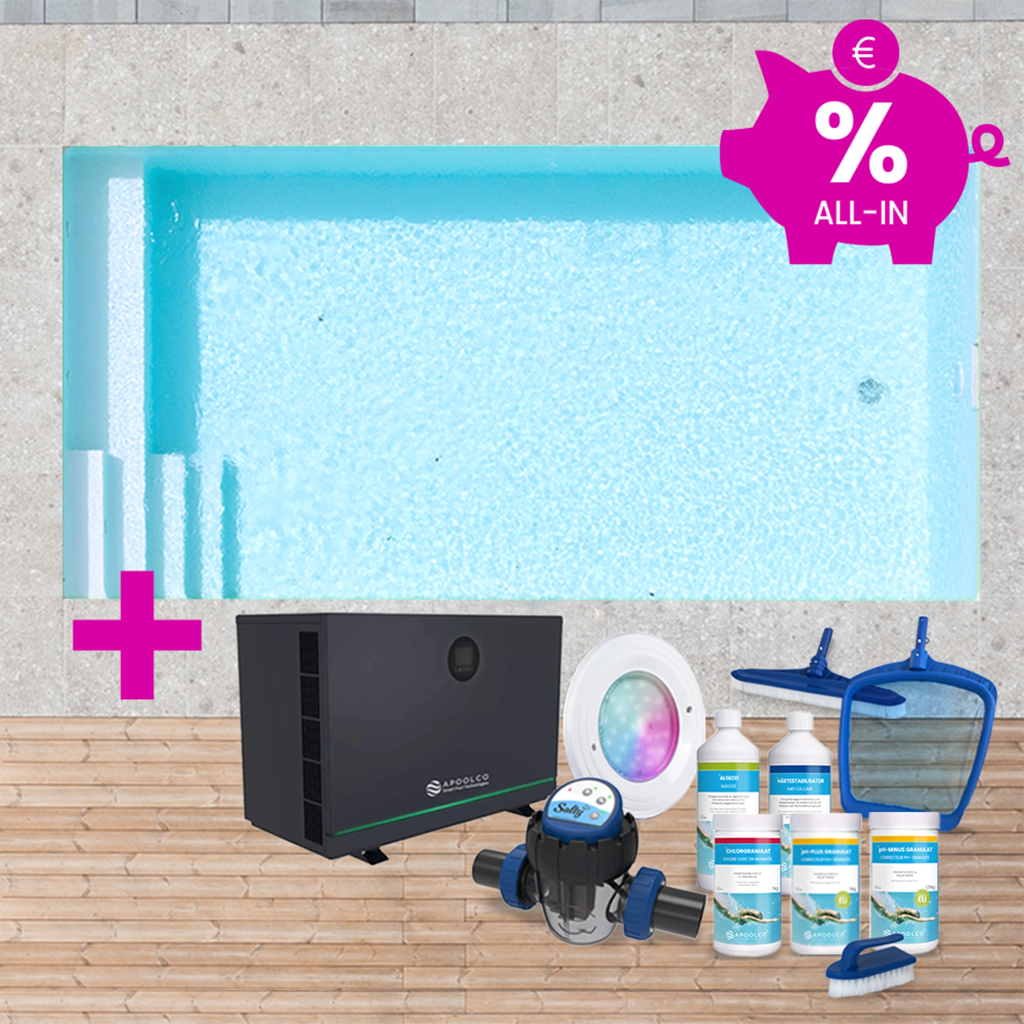 SPARSET: Styroporpool, 600 x 300 x 150 cm, Komplettset mit Treppe links und Sitzbank rechts, Folie 0,90 mm, weiß