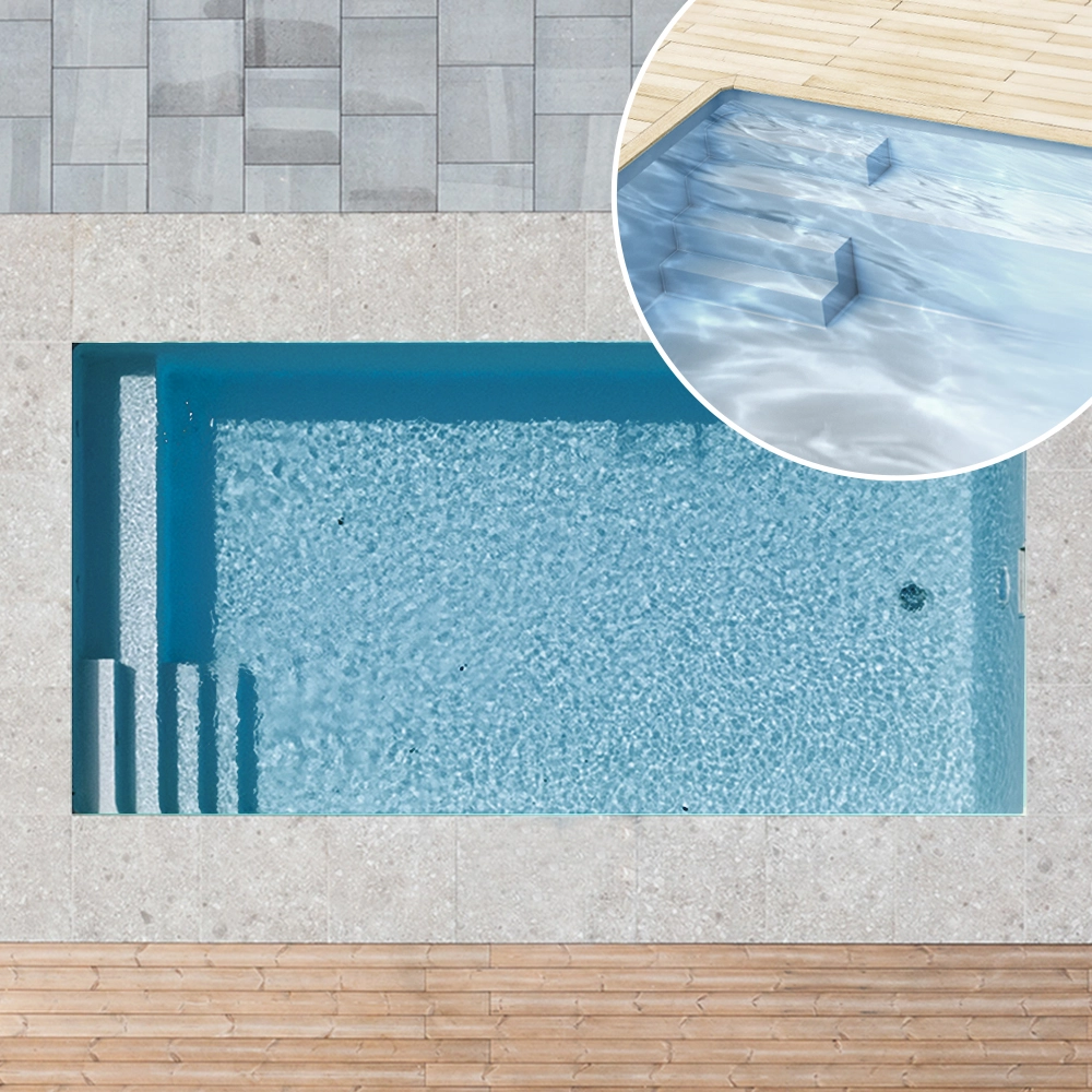 Styroporpool, 350 x 350 x 150 cm, Basis-Bausatz mit Treppe links und Sitzbank