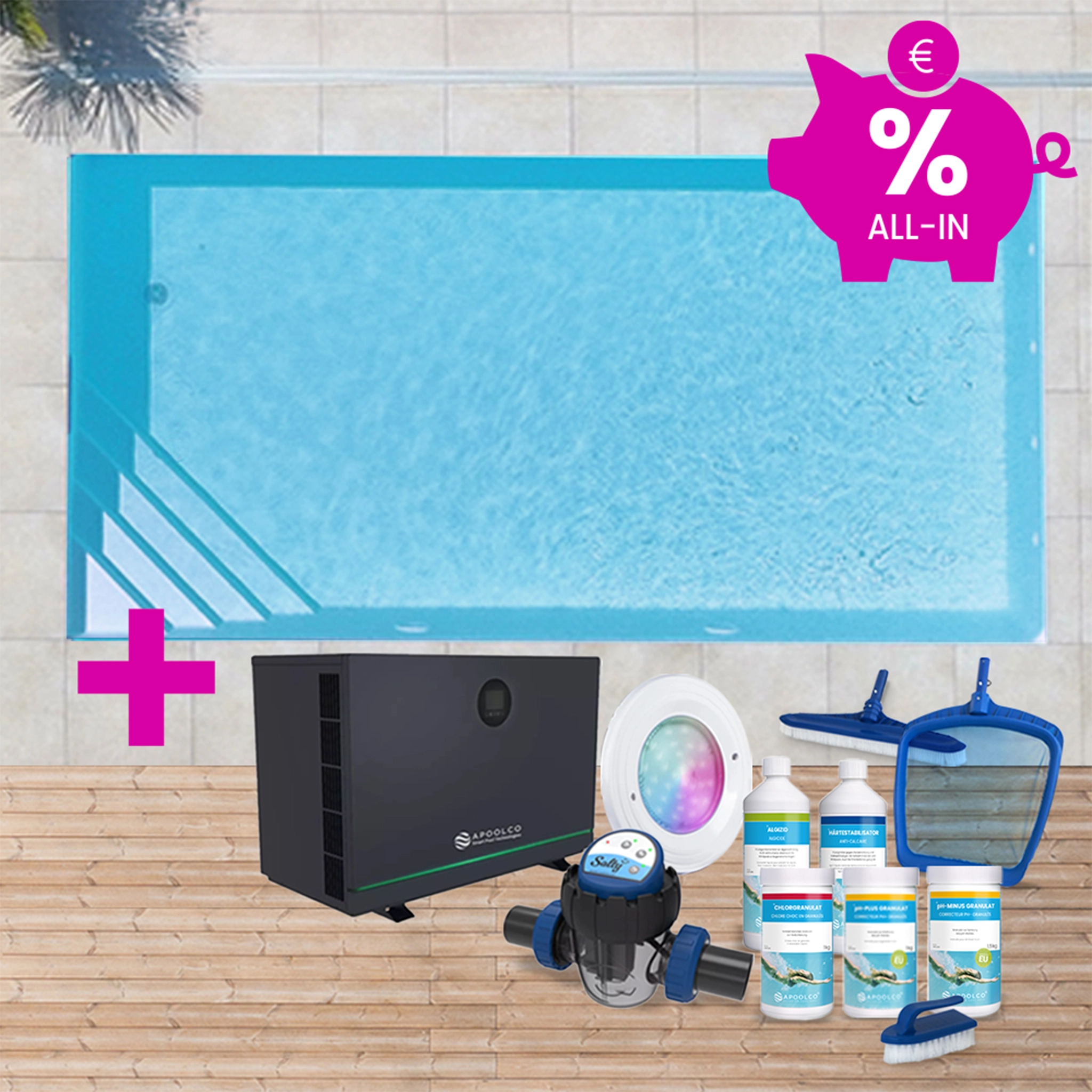 SPARSET: Styroporpool, 400 x 300 x 150 cm, Komplettset mit Ecktreppe links, Folie 0,90 mm, hellgrau