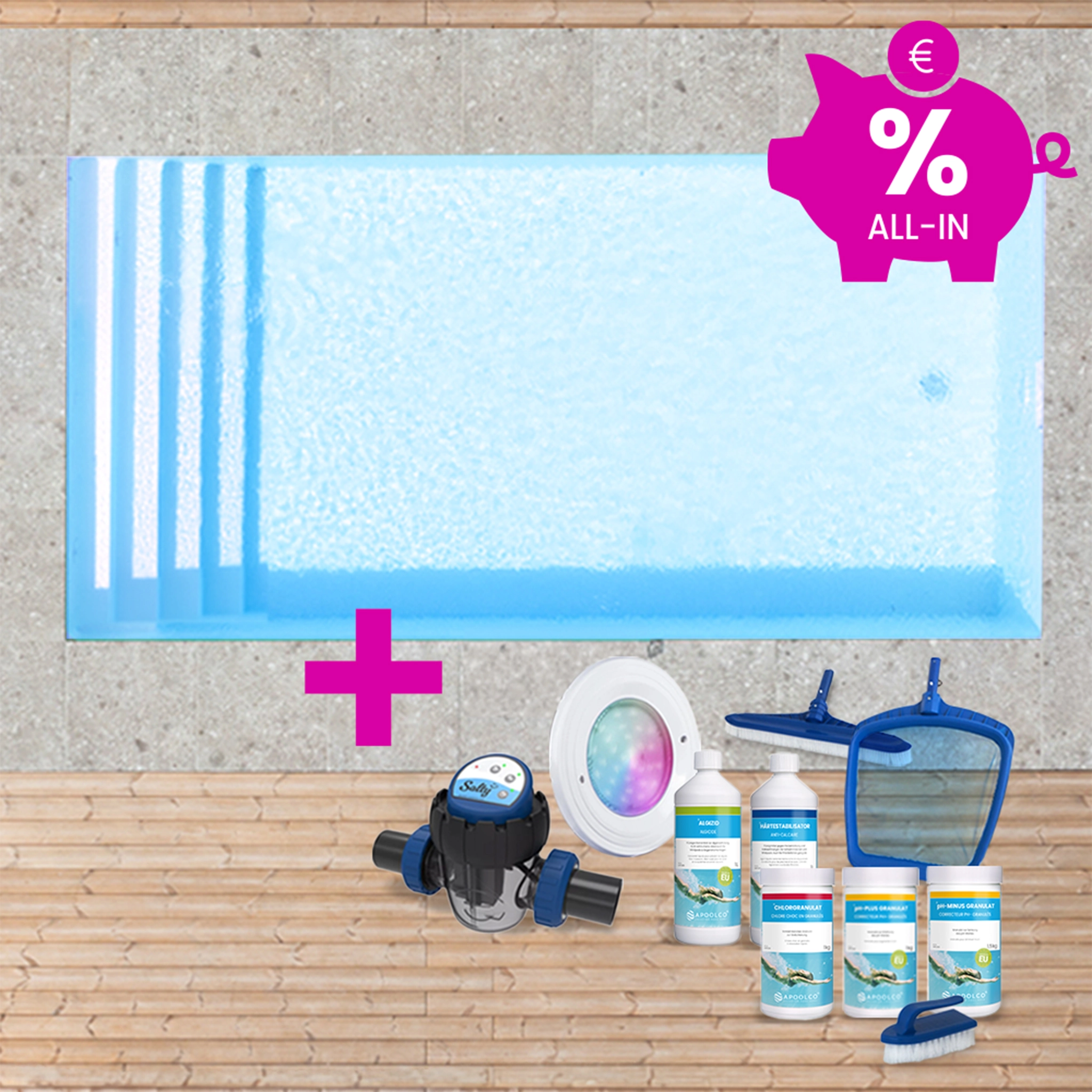 SPARSET: Styroporpool, 800 x 400 x 150 cm, Komplettset mit Treppe über die ganze Breite, Folie 0,90 mm, hellblau