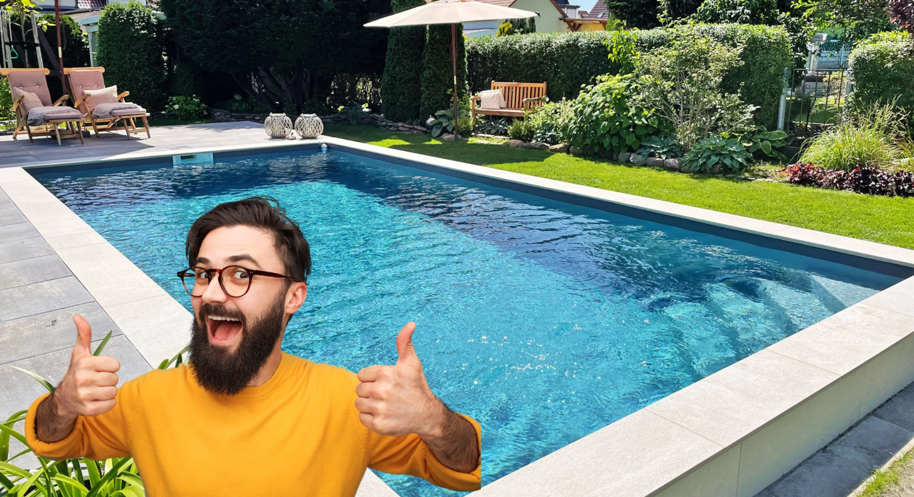 Pool mit Ecktreppe und Person mit Daumen hoch