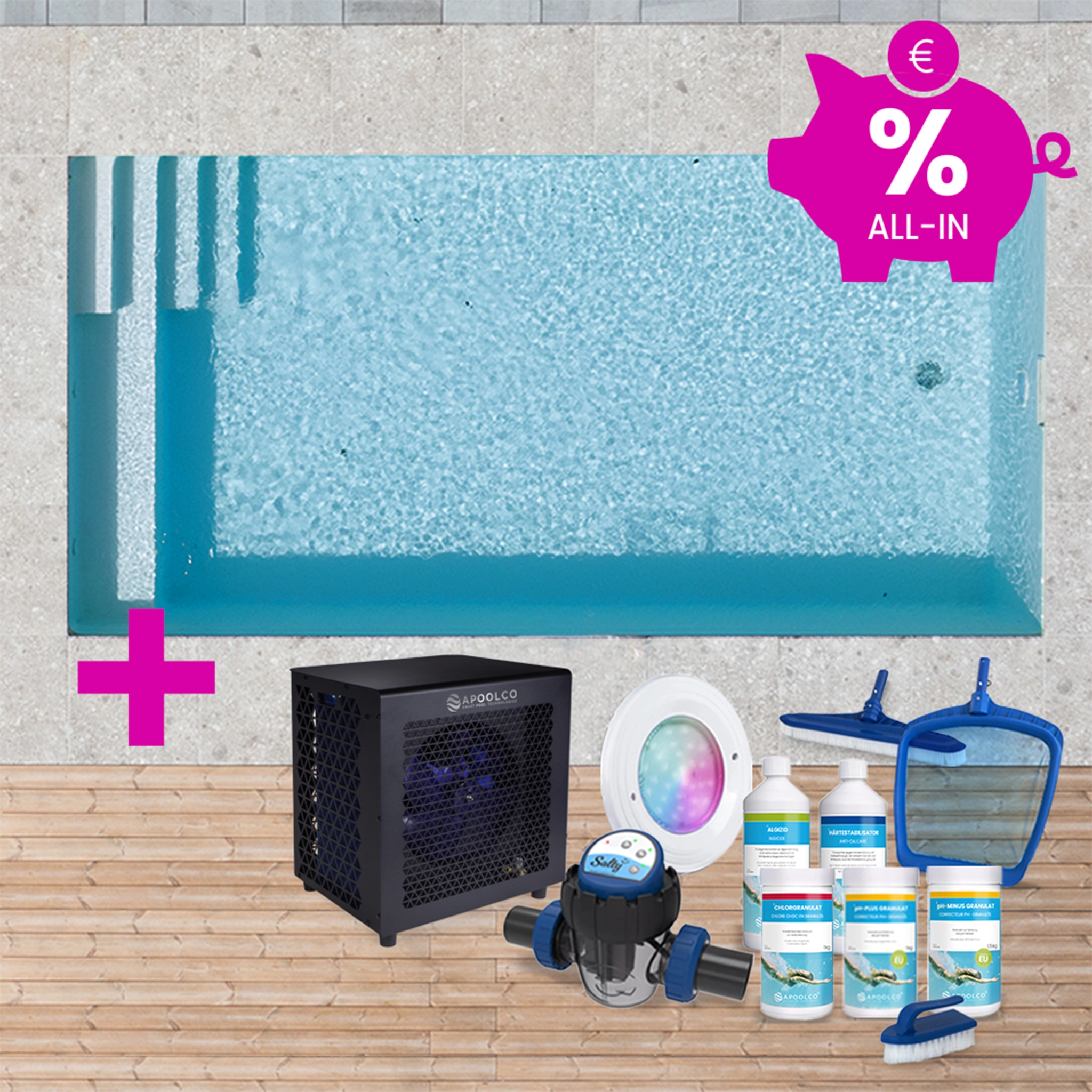 SPARSET: Styroporpool, 400 x 200 x 150 cm, Komplettset mit Treppe rechts und Sitzbank, Folie 0,90 mm, grau