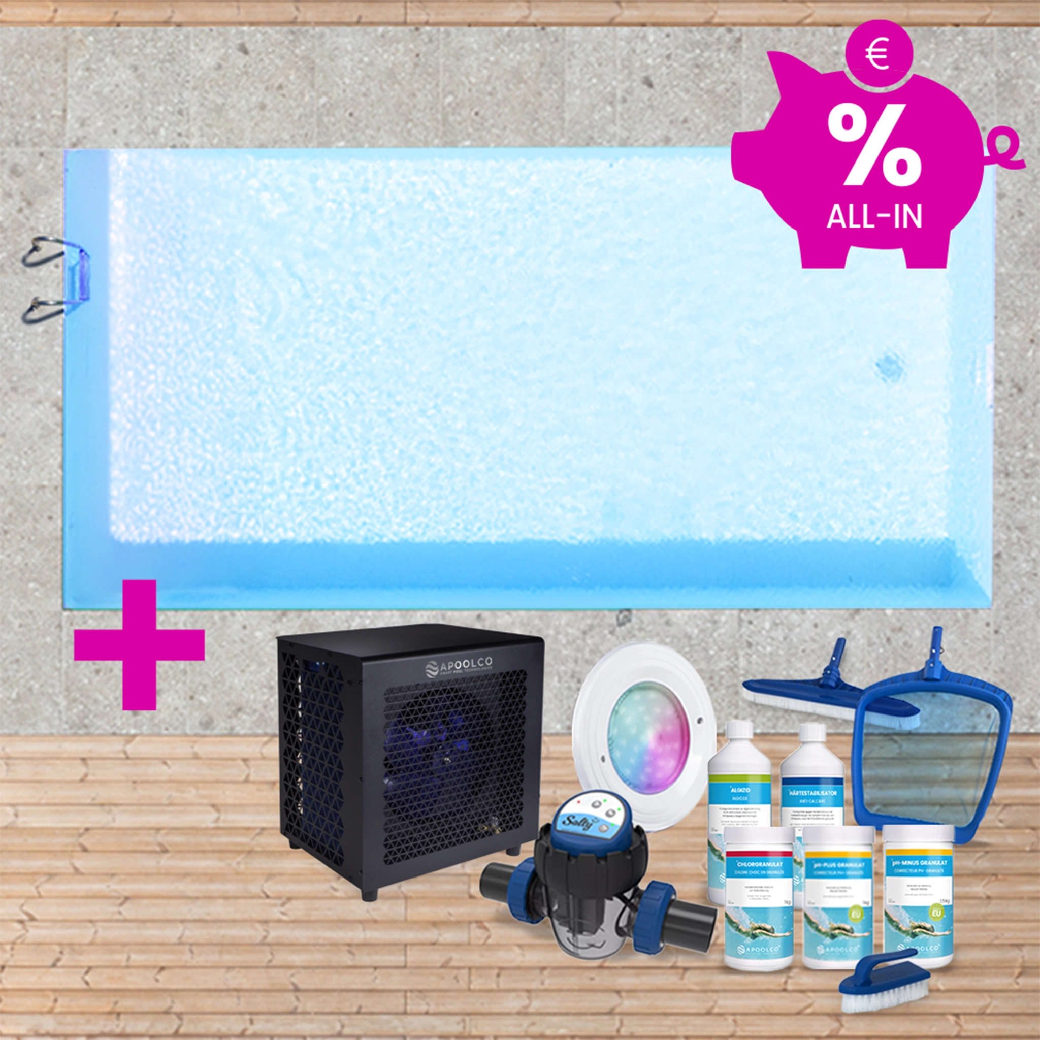 SPARSET: Styroporpool, 400 x 200 x 150 cm, Komplettset mit Leiter, Folie 0,90 mm, hellblau