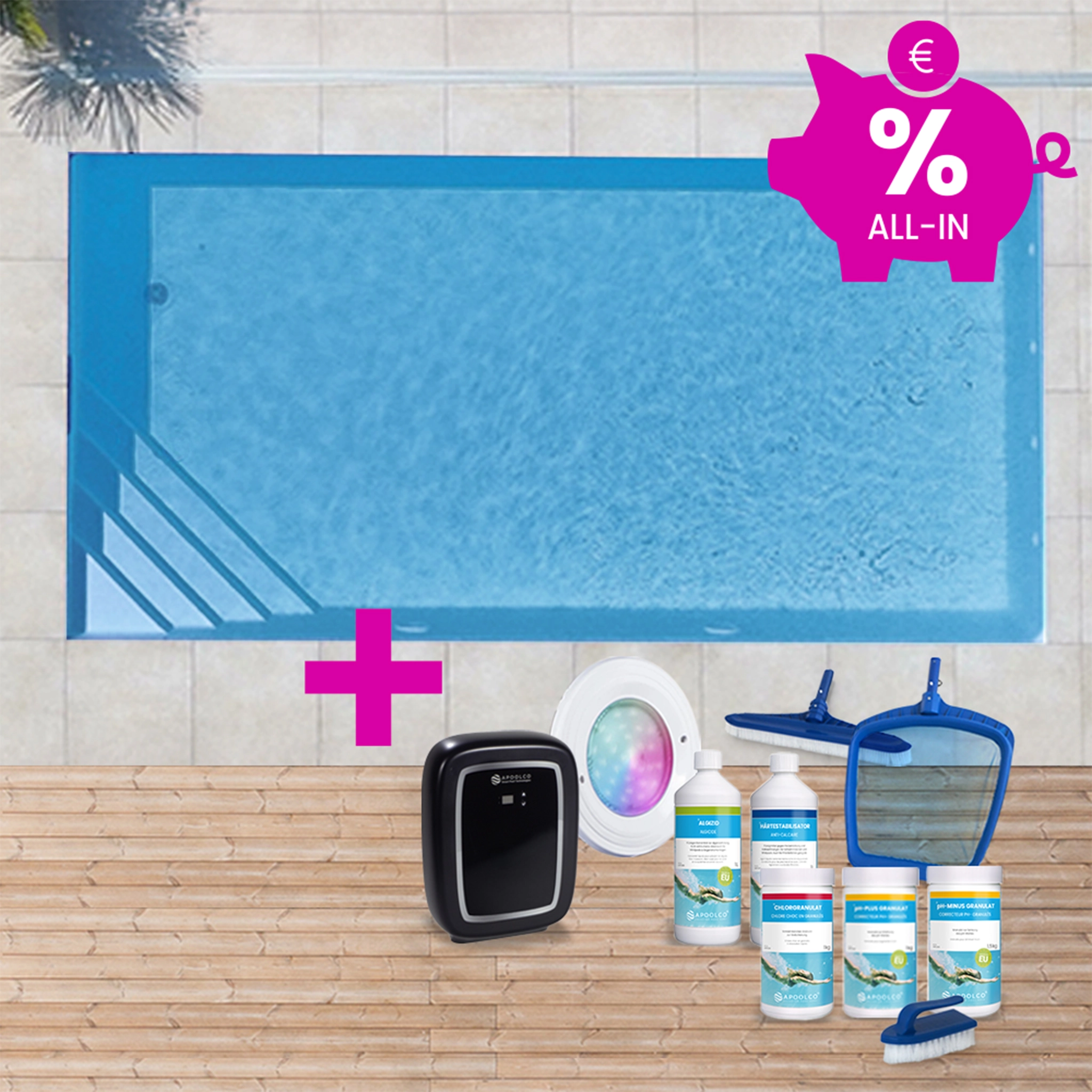 SPARSET: Styroporpool, 900 x 400 x 150 cm, Komplettset mit Ecktreppe links, Folie 0,90 mm, grau