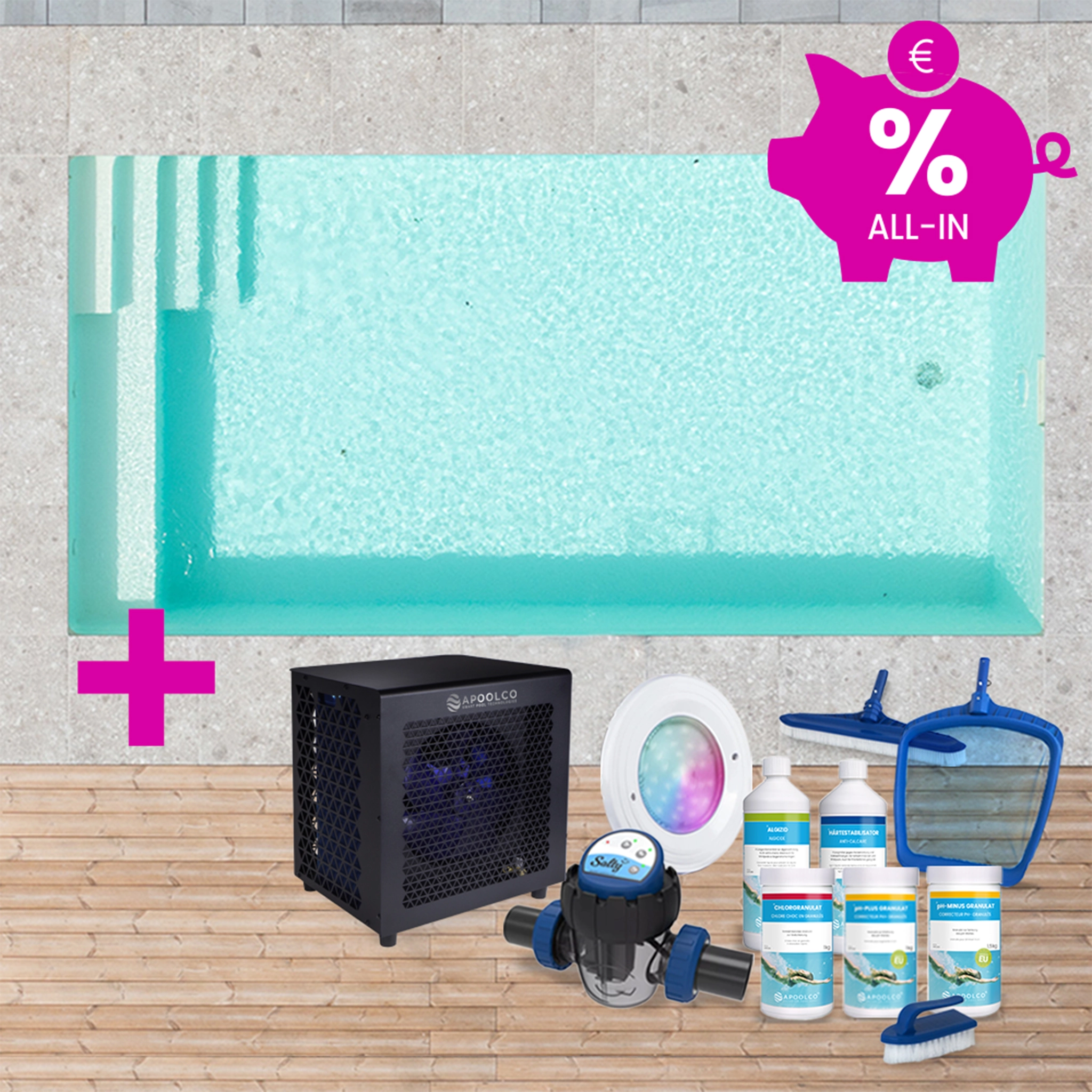 SPARSET: Styroporpool, 400 x 300 x 150 cm, Komplettset mit Treppe rechts und Sitzbank, Folie 0,90 mm, sand
